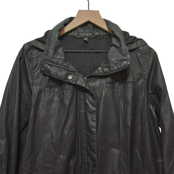 Eileen Fisher Waxed Organic Cotton Stretch Twill Hidden Hood A Line Jacket Sz S - Picture 3 of 11